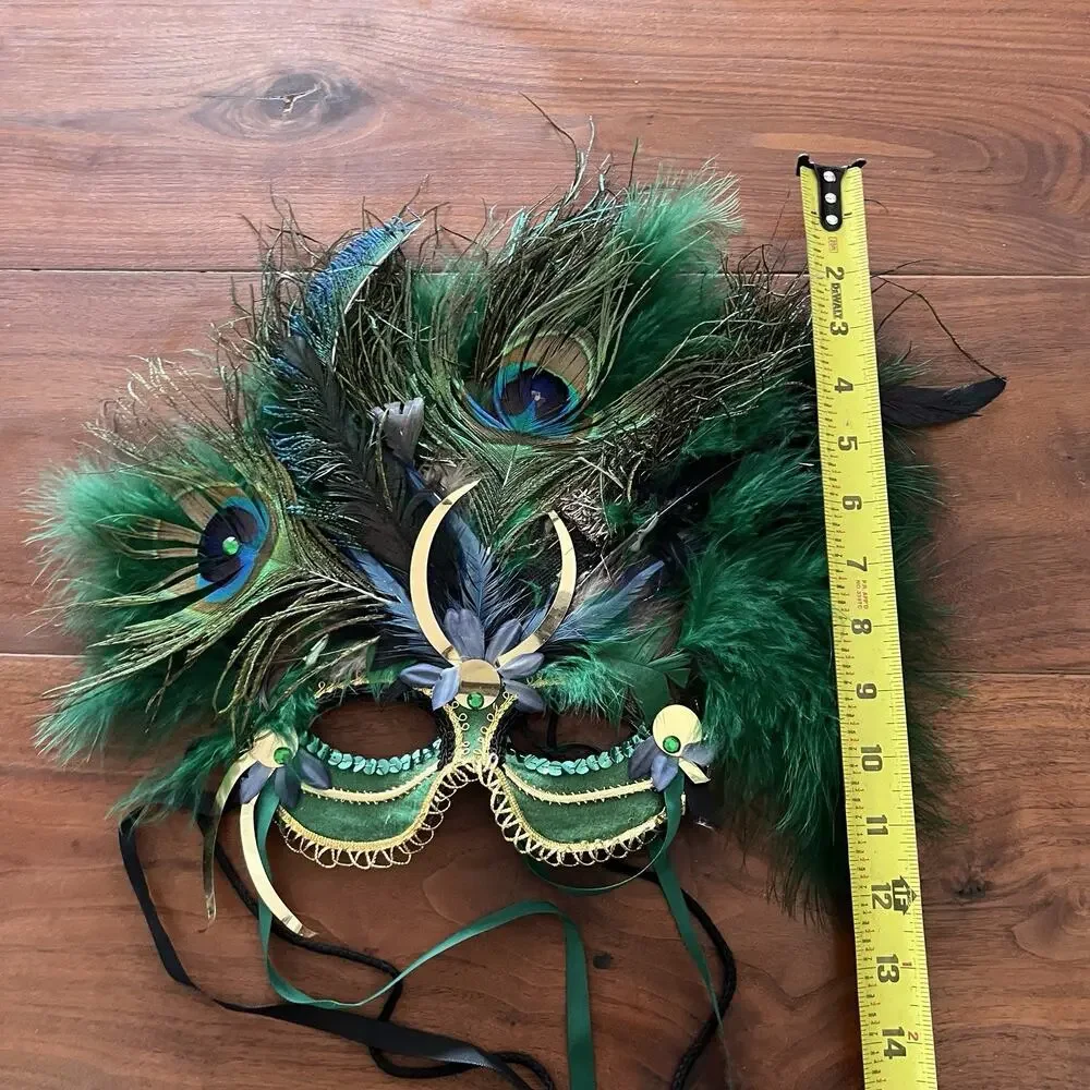 Vintage Gypsy Renaissance Handcrafted Peacock Feather Mask Alexis Green/Blue